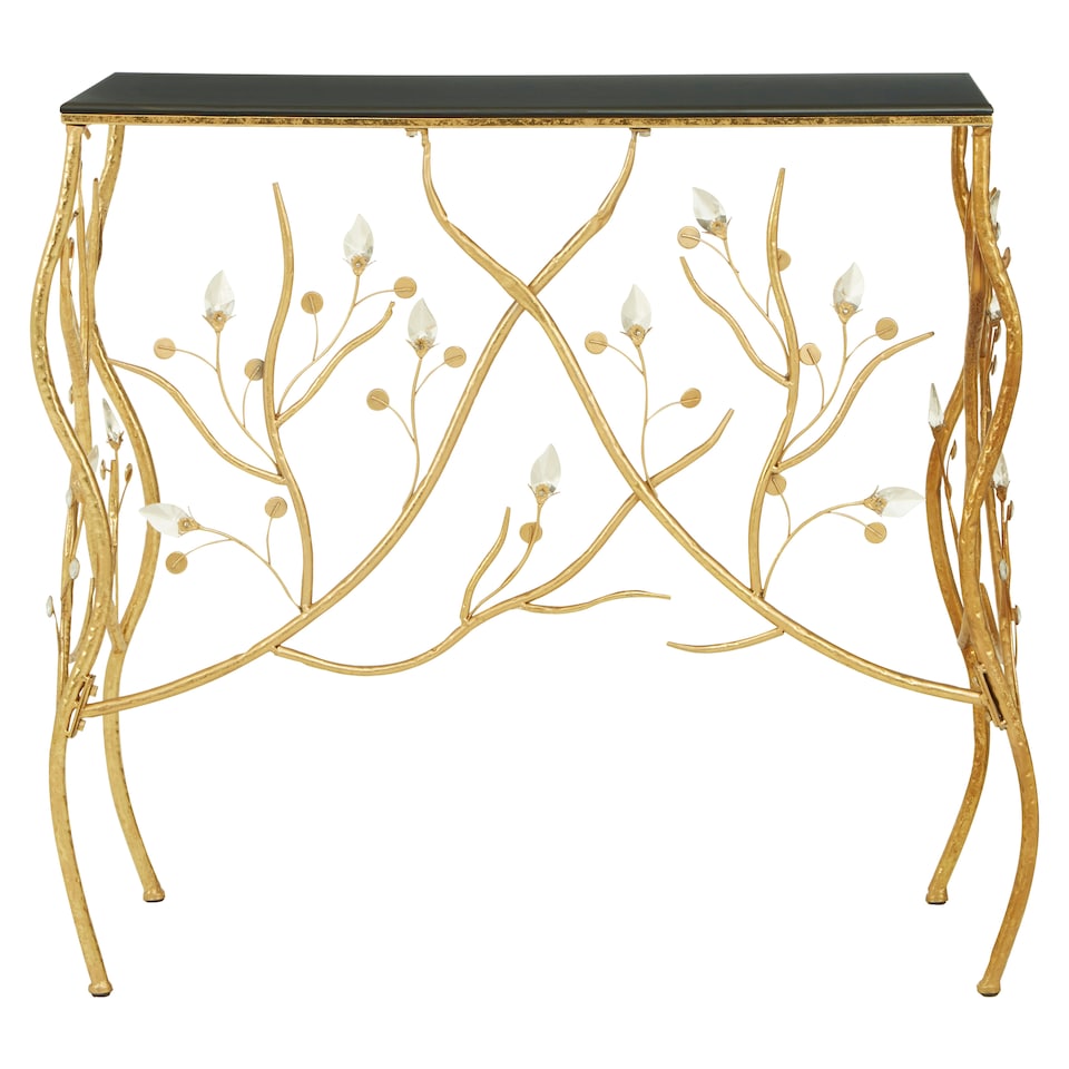image 1 of Interiors By Premier Acryclic Buds Rectangular Table With Black Top, Elegant Side Table, Gold Metal Outdoor Lounge Table