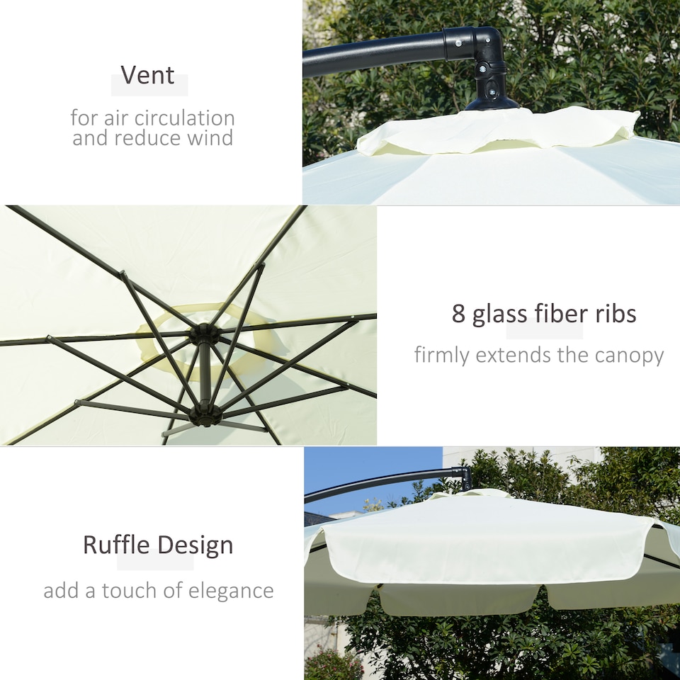 image 1 of Outsunny 2.7m Garden Banana Parasol Cantilever Umbrella with Crank Handle and Cross Base for Outdoor, Hanging Sun Shade, Cream White