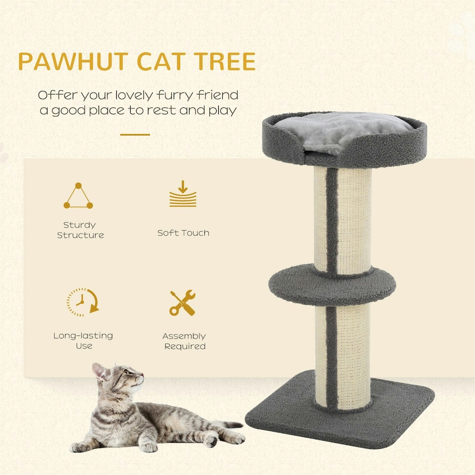 image 1 of PawHut 2-Tier Cat Kitten Resting Tree with Top Basket Cushion Grey