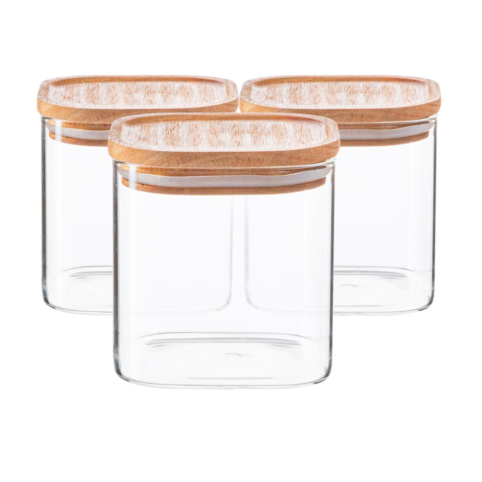 image 1 of Argon Tableware Square Glass Storage Jars with Wooden Lids - 680ml - Pack of 3
