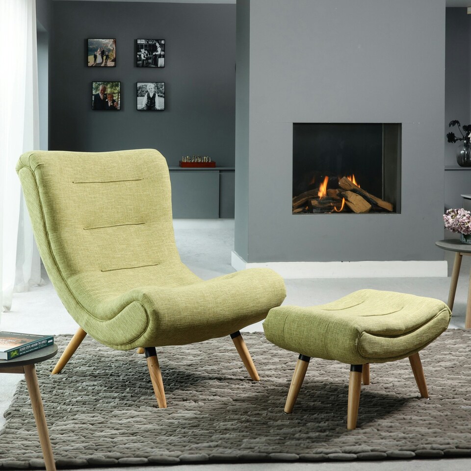 image 1 of Madelia Textured Fabric Accent Chair and Stool - Green