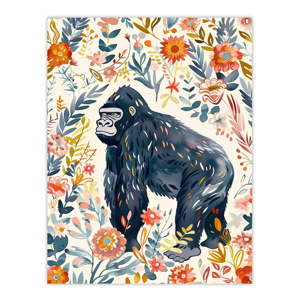 image 1 of Gorilla Ape with Wildflowers Floral Watercolour Black Framed Wall Art Print A4