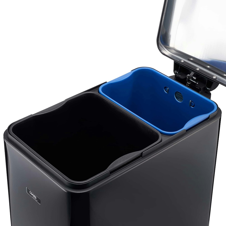 image 1 of Cooks Professional Dual Recycle Slimline Pedal Bin 50L | 20L & 30L Removable Compartments | Black Black