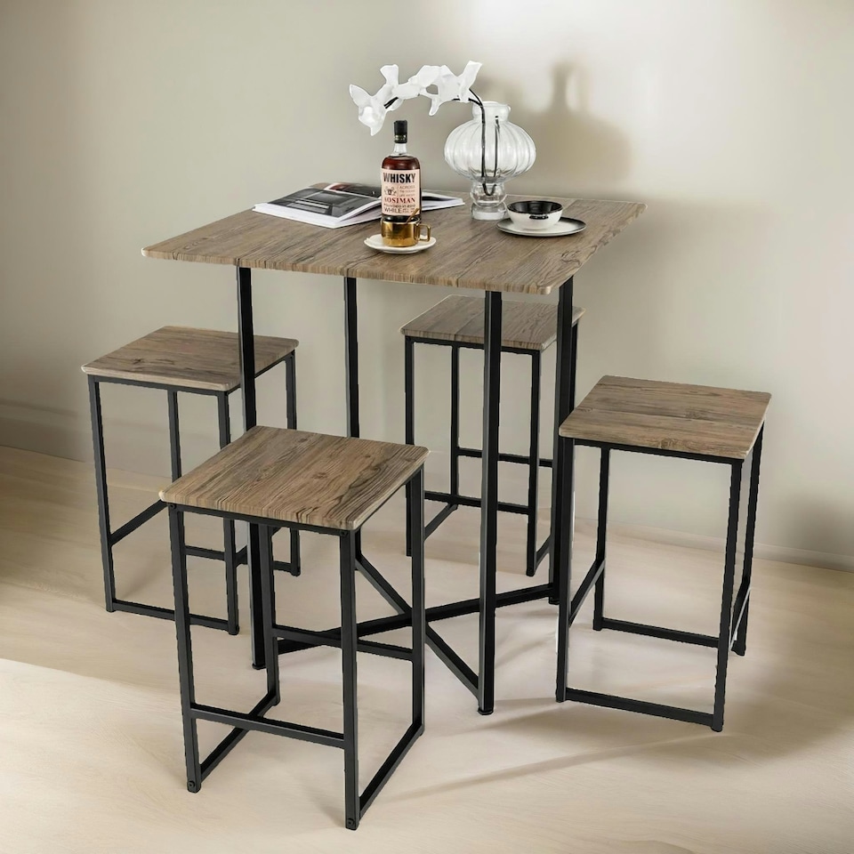 image 1 of 5-Piece Dining Table & Square Stool Set Kitchen Natural Brown Brown
