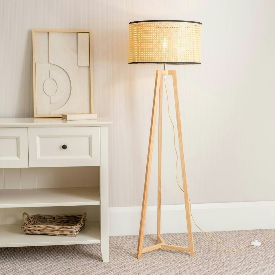 image 1 of ValueLights Lottie Natural Wood Tripod Floor Lamp with Natural Cane Drum Shade