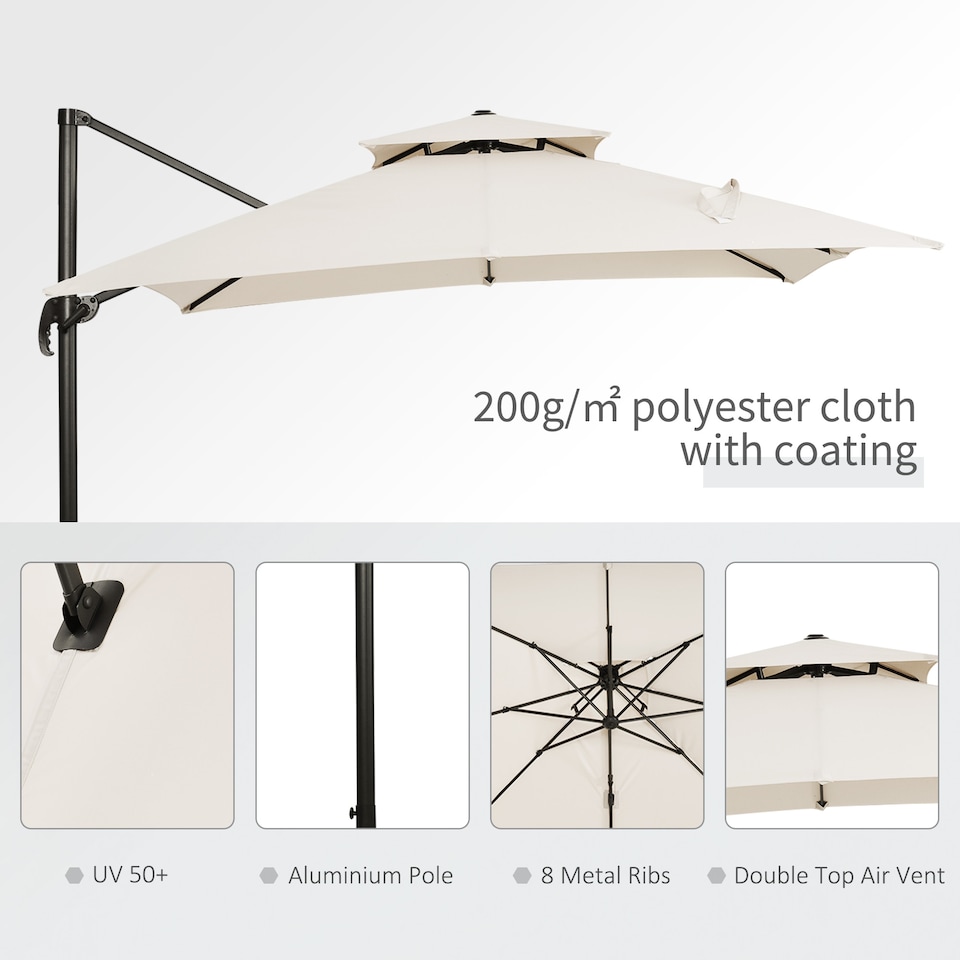 image 1 of Outsunny 360 Degree Cantilever Parasol Roma Umbrella with Base Weight, Beige | White | Beige