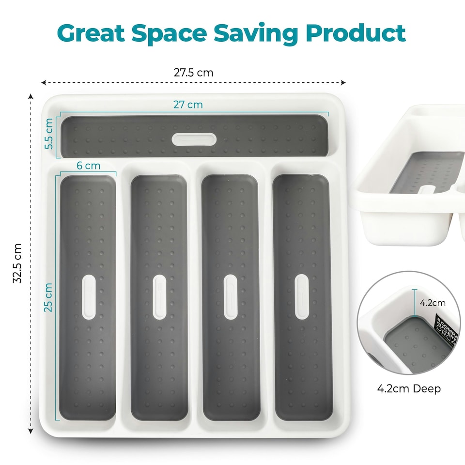 image 1 of Plastic Kitchen Cutlery Tray Organiser Rack Holder Drawer Insert Tidy Storage Grey