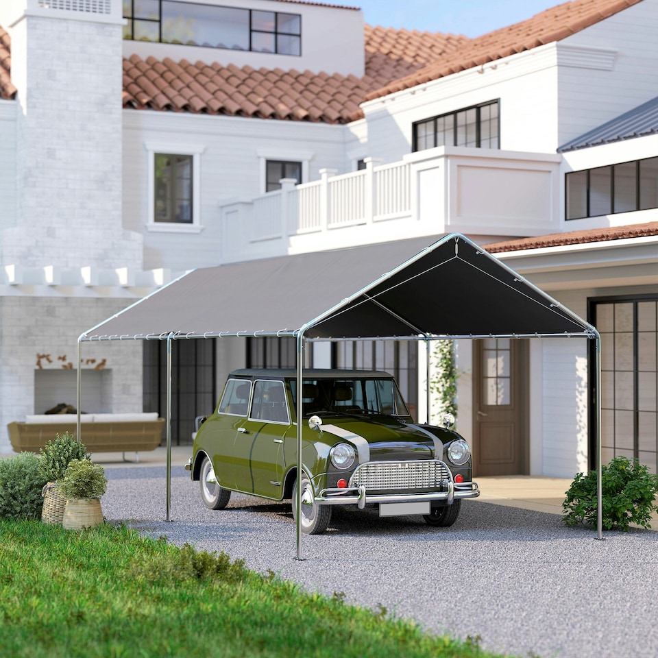 image 1 of Outsunny 2-Rooms Outdoor Carport Galvanized Steel Frame UV Resist