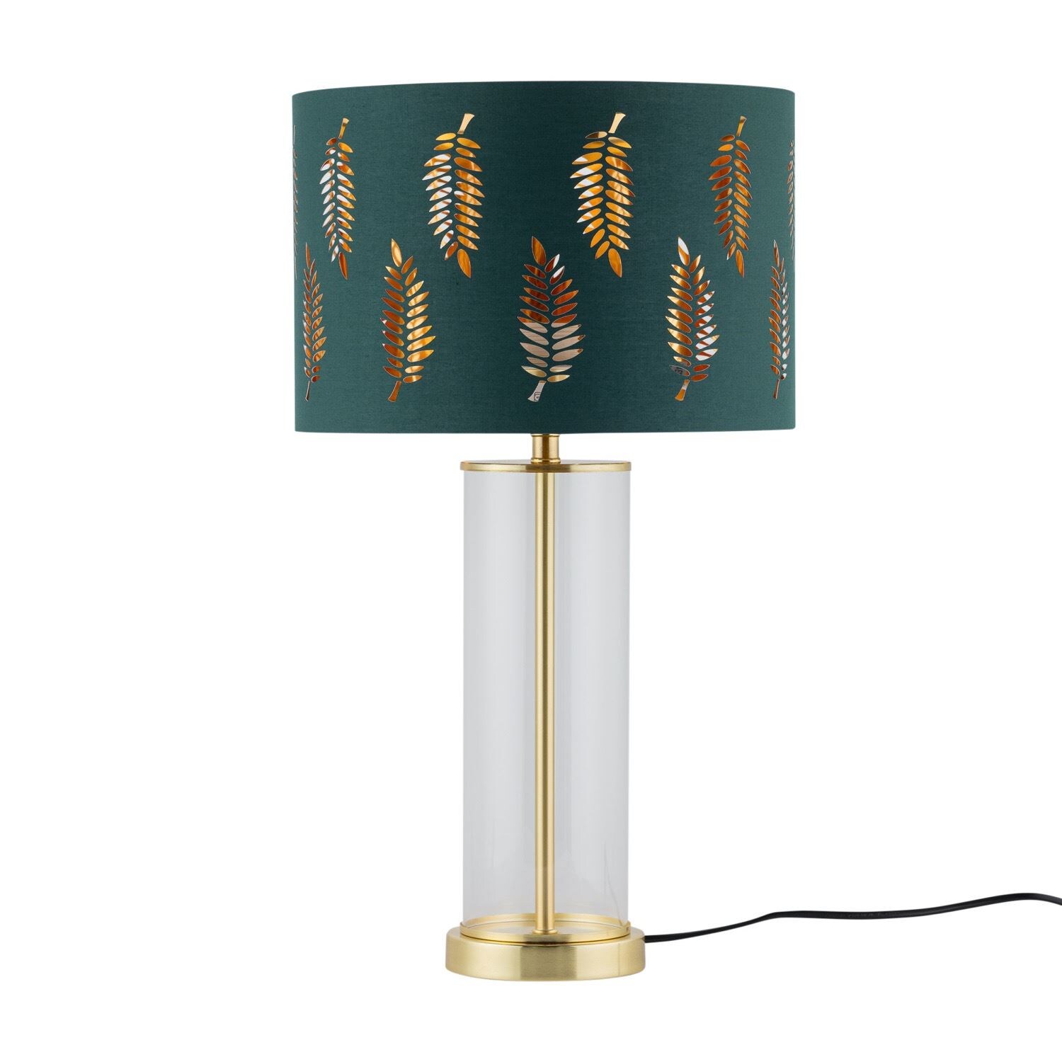 First Choice Lighting Aura - Satin Brass Table Lamp with Green Fern Cut Out Silver Shade in Gold