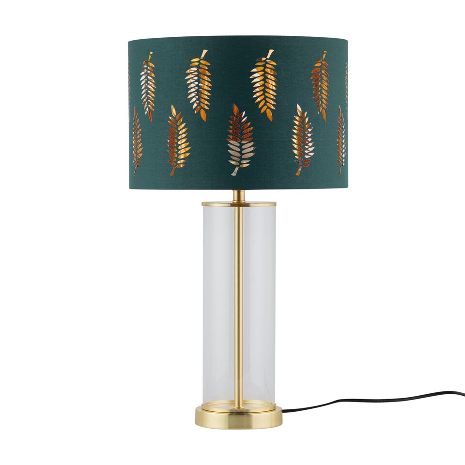 image 1 of Aura - Satin Brass Table Lamp with Green Fern Cut Out Silver Shade | Gold | Green | Large | 1