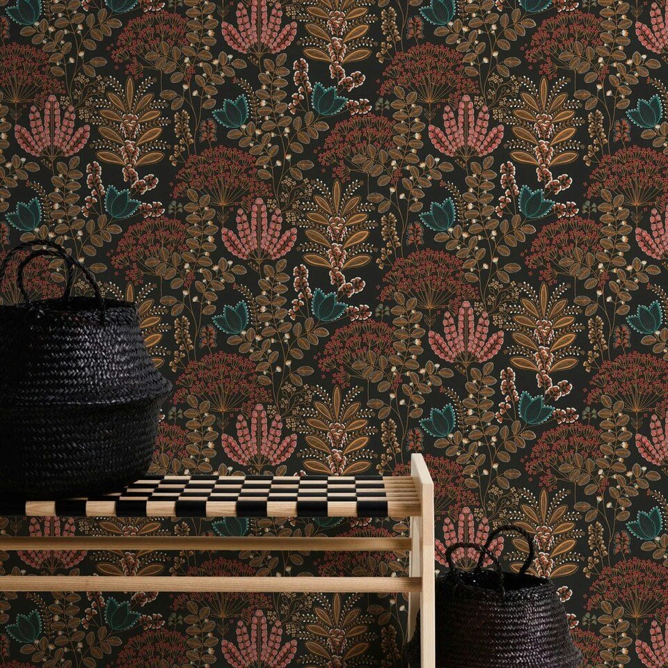 image 1 of Midnight Botanicals Multicoloured Wallpaper on Charcoal Red