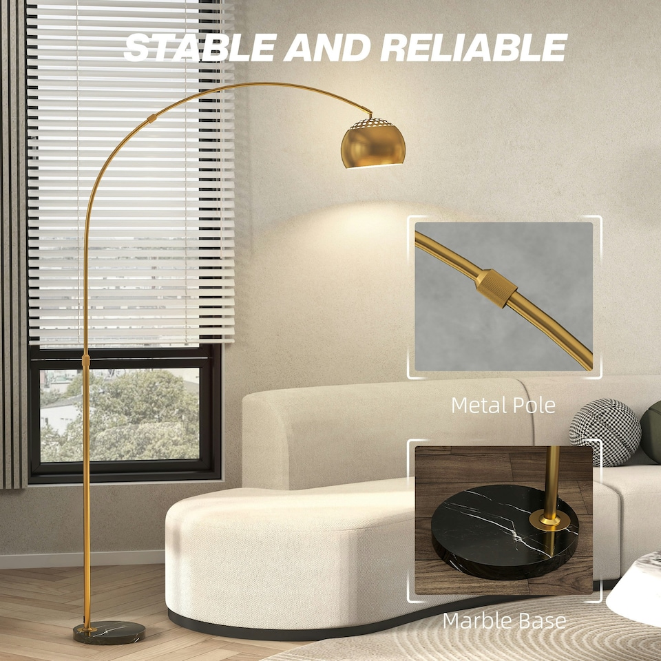 image 1 of HOMCOM Arc Floor Lamp for Living Room, Free Standing Tall Lamp, Gold Tone Gold