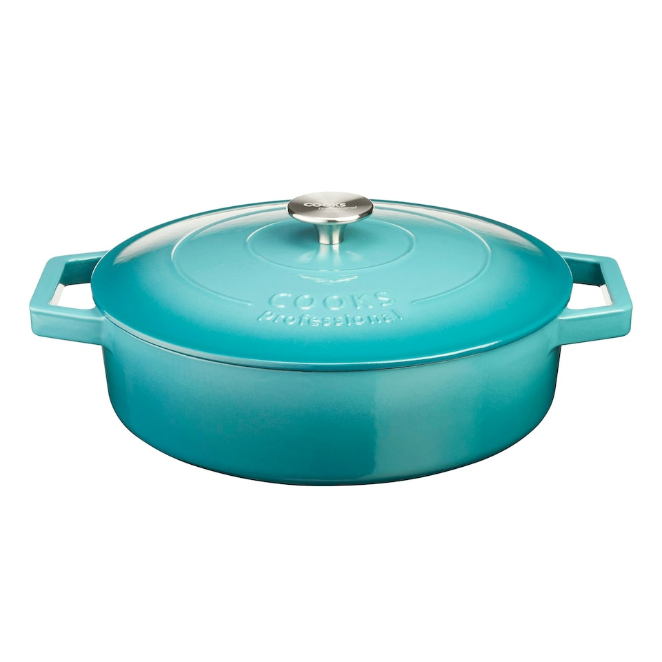 image 1 of Cooks Professional Cast Iron Casserole 28cm Shallow | 4.3L Capacity | Enamelled Inside & Out | Graduated Teal