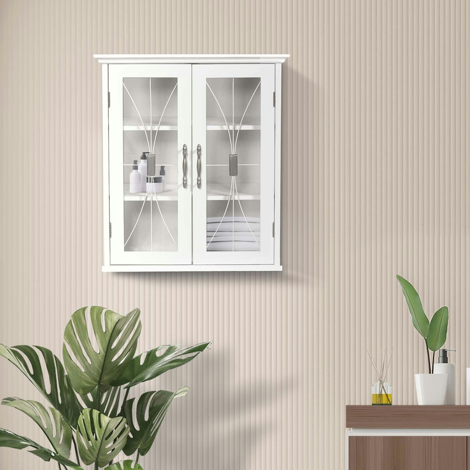 image 1 of Teamson Home Wooden Bathroom Wall Cabinet White With 2 Glass Doors
