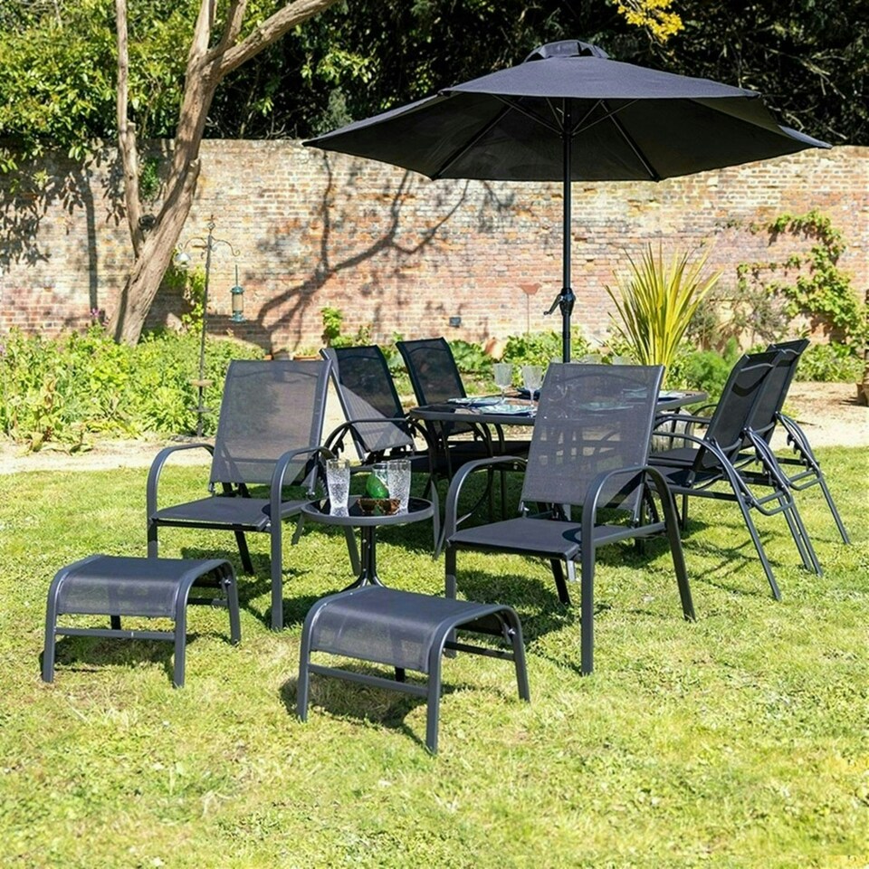 image 1 of Hectare 6 Seater Reclining Glass Table Garden Leisure Set with Parasol Black