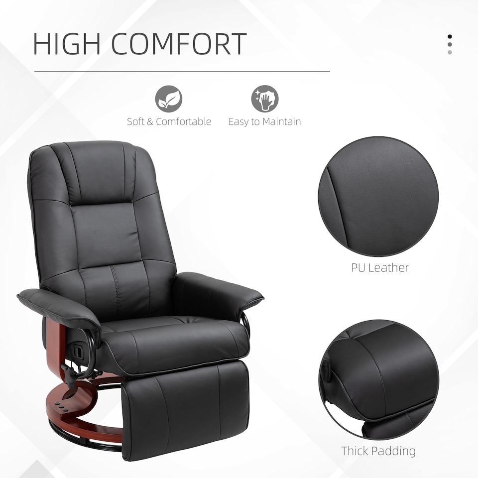 image 1 of HOMCOM 360 Swivel Recliner Chair with Footstool, Manual Recliner Armchair with Wooden Base, PU Leather Upholstered Reclining Chair for Living Room, Bedroom, Office, Black