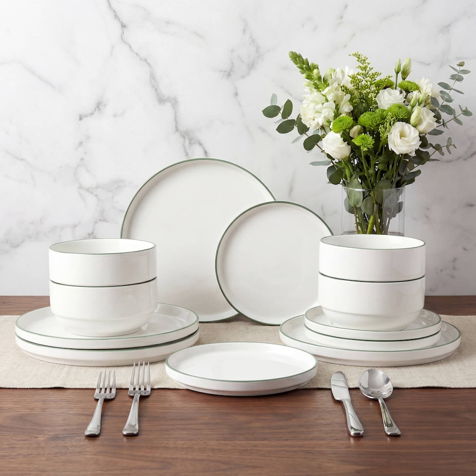 image 1 of 12pc Stackable Green Dinner Set