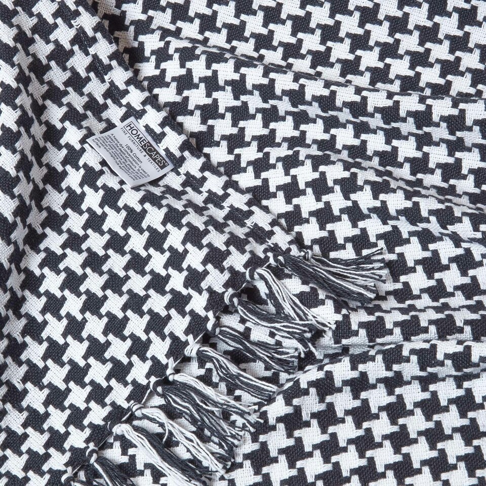image 1 of Homescapes Black Houndstooth 100% Cotton Bedspread Throw - 225 x 255 cm Black