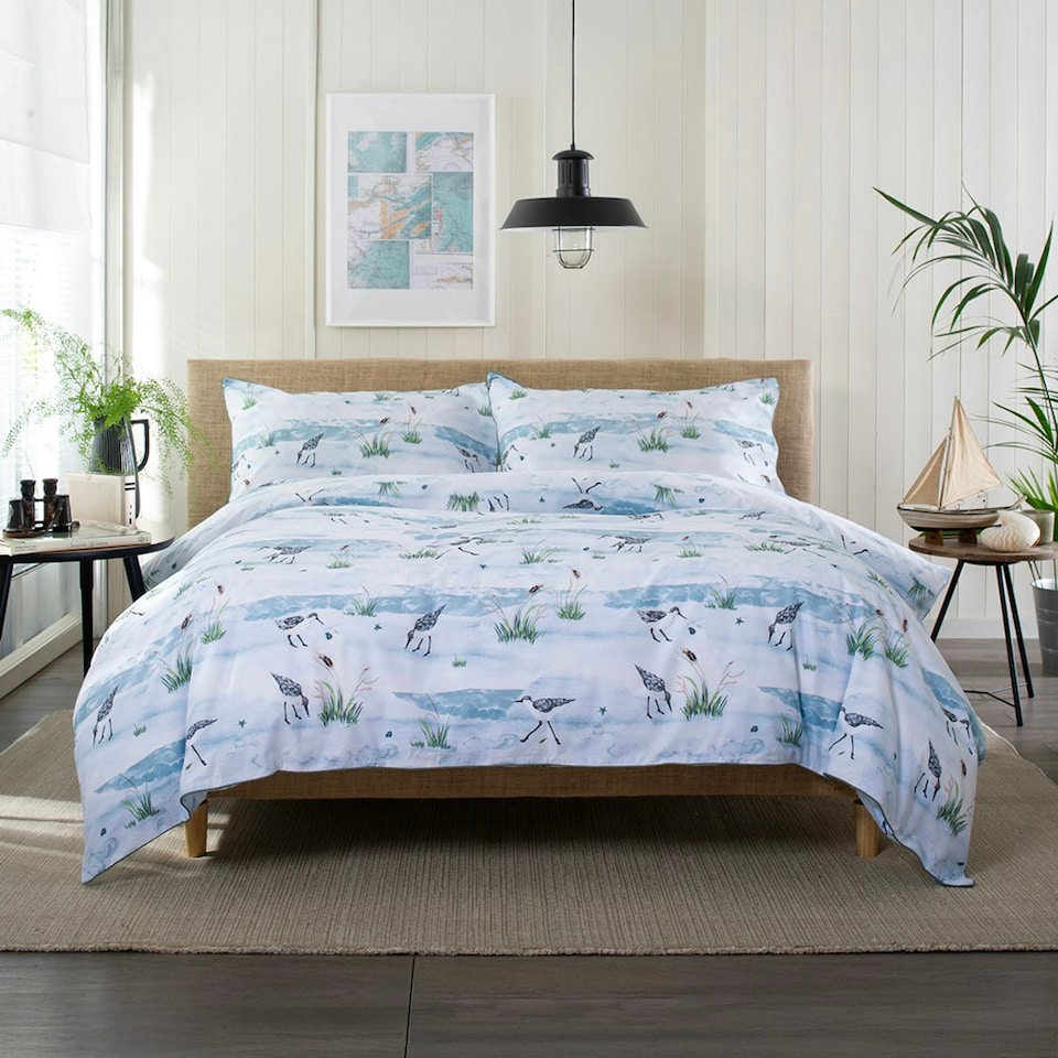 image 1 of Waders 100% Cotton Duvet Cover Set with Printed Pattern and Piped Trim Blue | White | Double