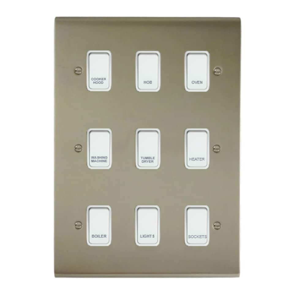 Deta Kitchen Grid Switch Stainless Steel / White Switches - 9 Gang