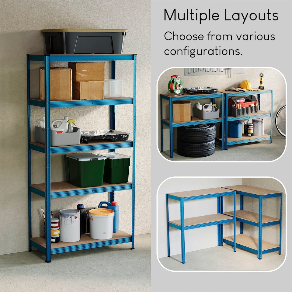 image 1 of Home Vida 5 Tier Large Heavy Duty Adjustable Steel Garage Shelving, Blue - Holds 875kg - (Set of 4) | Blue | Blue | Large