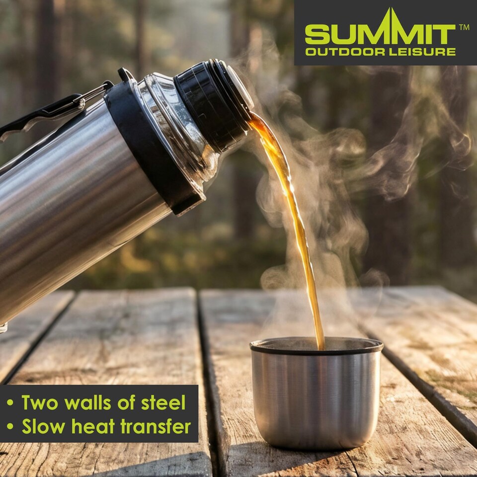 image 1 of PMS 1L Insulated Stainless Steel Vacuum Flask, Silver - Includes 2 Cups