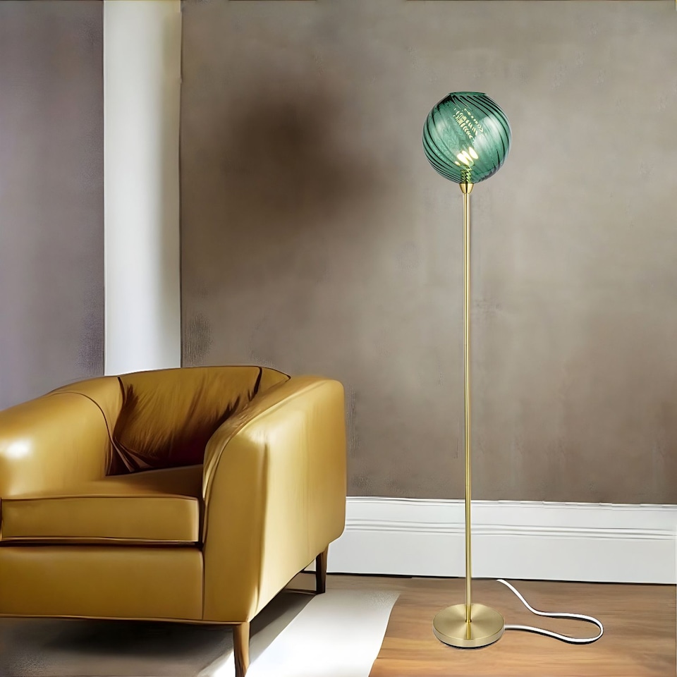 image 1 of Designer Chic Floor Lamp with Brushed Gold Base and Emerald Green Glass Shade | Green | Green | 1