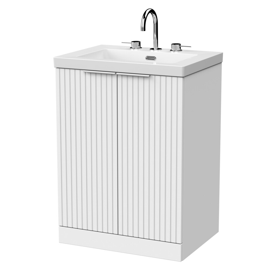 image 1 of Balterley Callingwood Contemporary Floor Standing 2 Door Vanity Unit with 3 Tap Hole Fireclay Basin , 600mm, Matt White