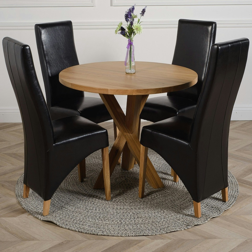 image 1 of Oregon Round Oak Dining Table with Lola Leather Chairs Black