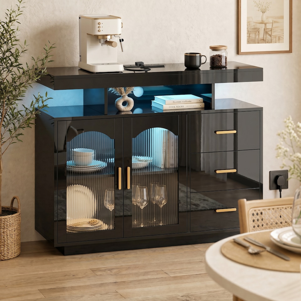 image 1 of HOMCOM High Gloss Sideboard with LED Lights, Power Outlets, Drawers