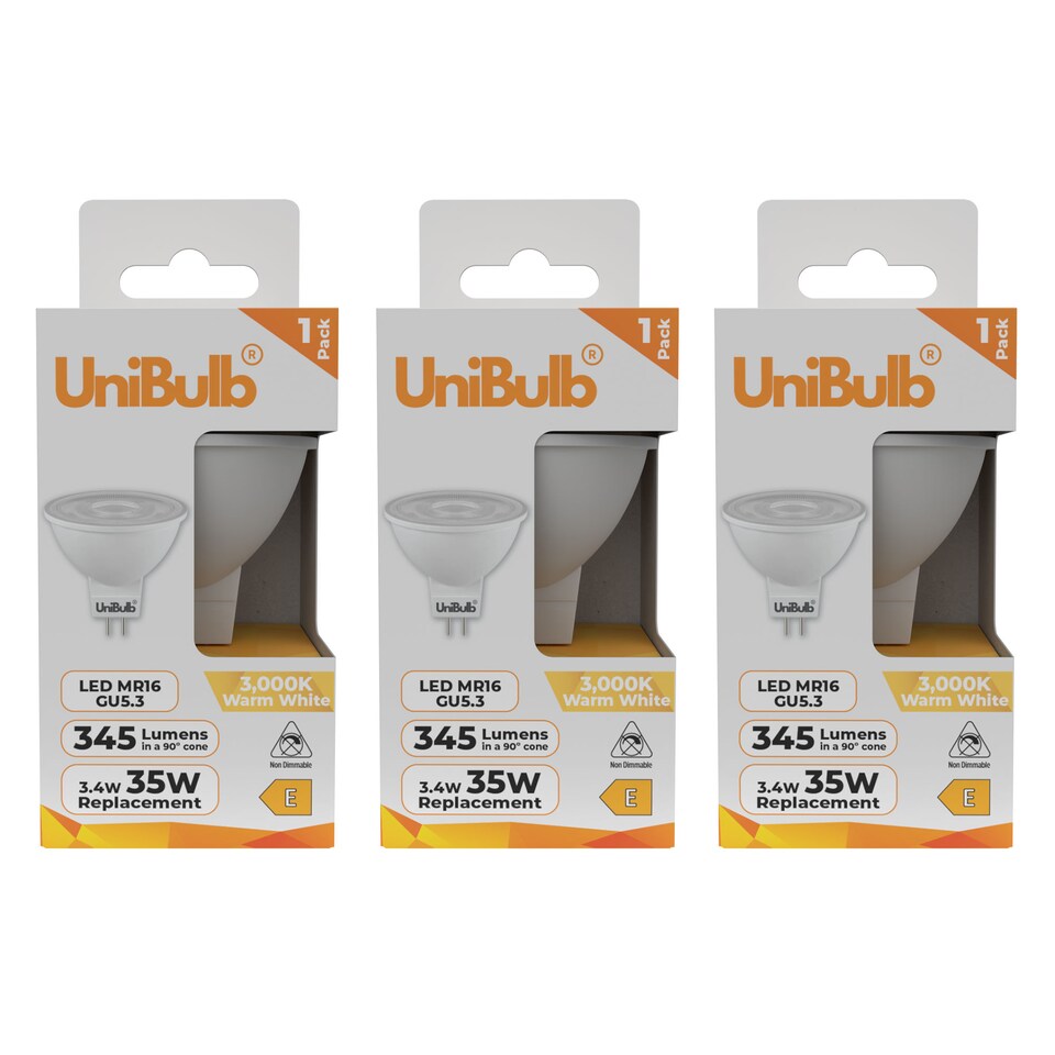 image 1 of UniBulb LED MR16 GU5.3 345lm 3.4W (Replaces 35W) 3000K (Warm White) Spot Downlight Ceiling Light Bulb - Pack of 3 | Clear | Warm White | MR16 | 3