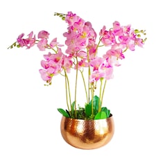 Large Artificial Orchids Display with XL Metal Bowl Planter 70x70cm | Green