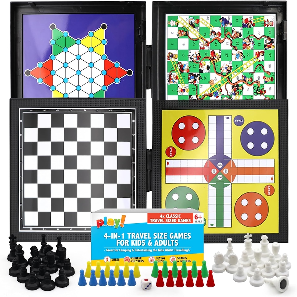 image 1 of 4-in-1 Travel Games Set – Mini Magnetic Snakes & Ladders, Chess, Flying Chess & Checkers, Pocket-Sized Fun for Kids & Adults on the Go