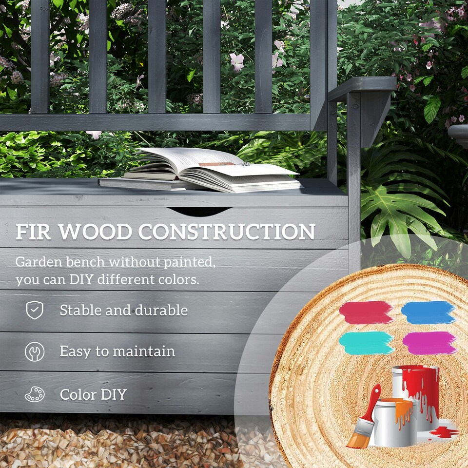 image 1 of Outsunny Garden Storage Bench, 2 Seater Fir Wood Outdoor Bench, Dark Grey