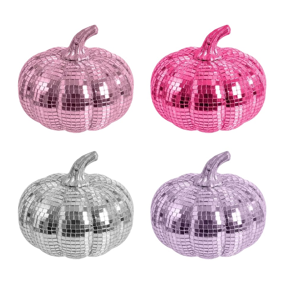 image 1 of Pink, Lilac and Silver Mini Disco Pumpkin Halloween Decorations - Pack of 4