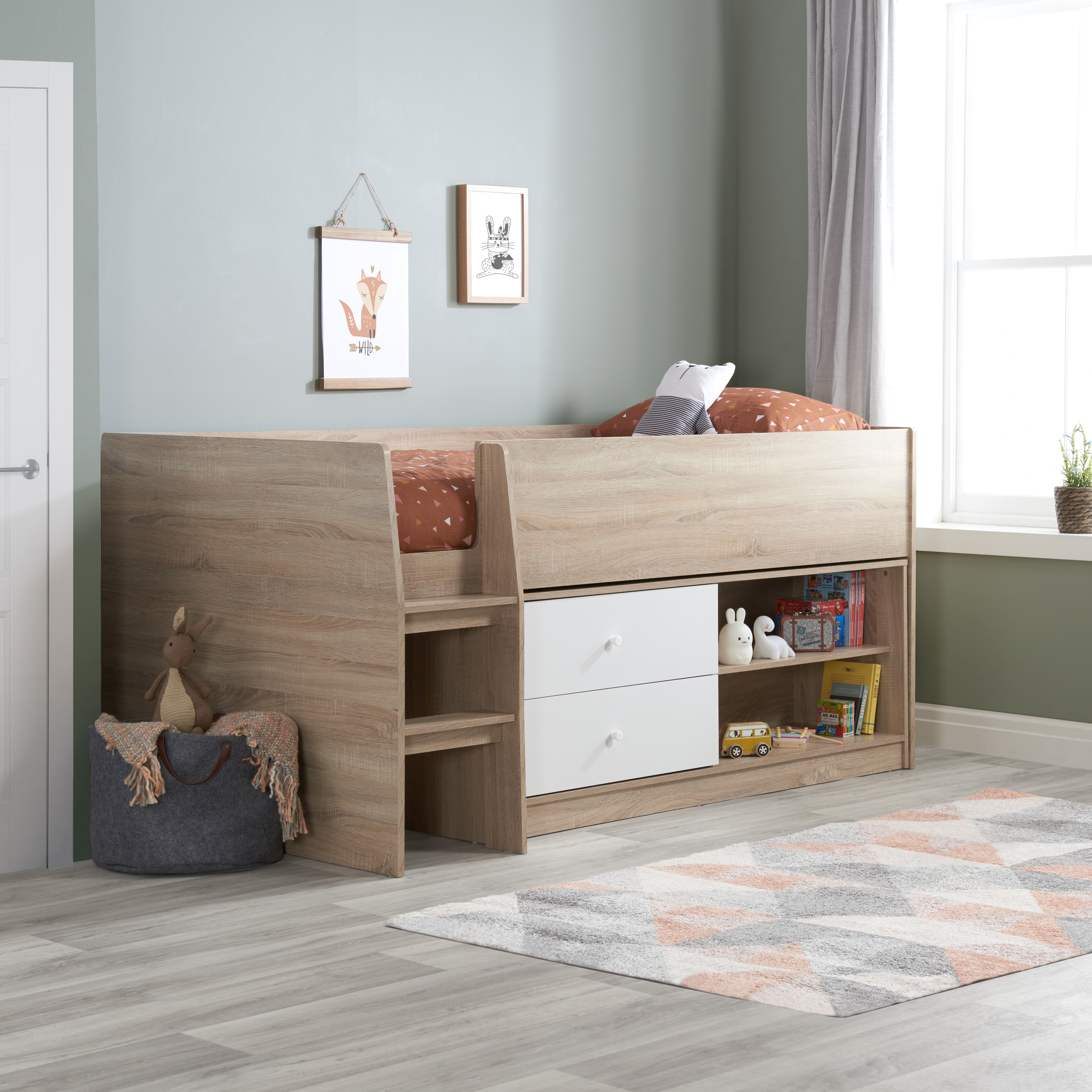 Birlea Single Leyton Cabin Bed White & Oak Effect, White