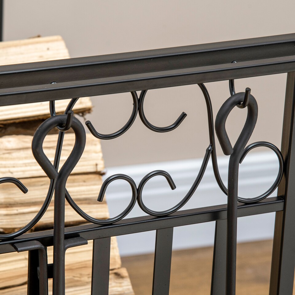 image 1 of HOMCOM Steel Firewood Log Holder Indoor Outdoor Firewood Rack Fireplace Wood Storage Shelf with 4 Tools, Hooks, Scrolls, RustResistant, Black, 75L x 30W x 60H cm