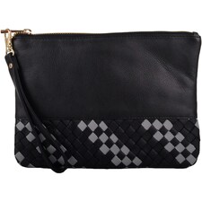 Soft Leather Clutch Bag / Pouch with Wrist Strap and Diamond Design Black | Black