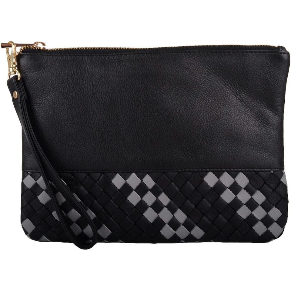 image 1 of Soft Leather Clutch Bag / Pouch with Wrist Strap and Diamond Design Black | Black