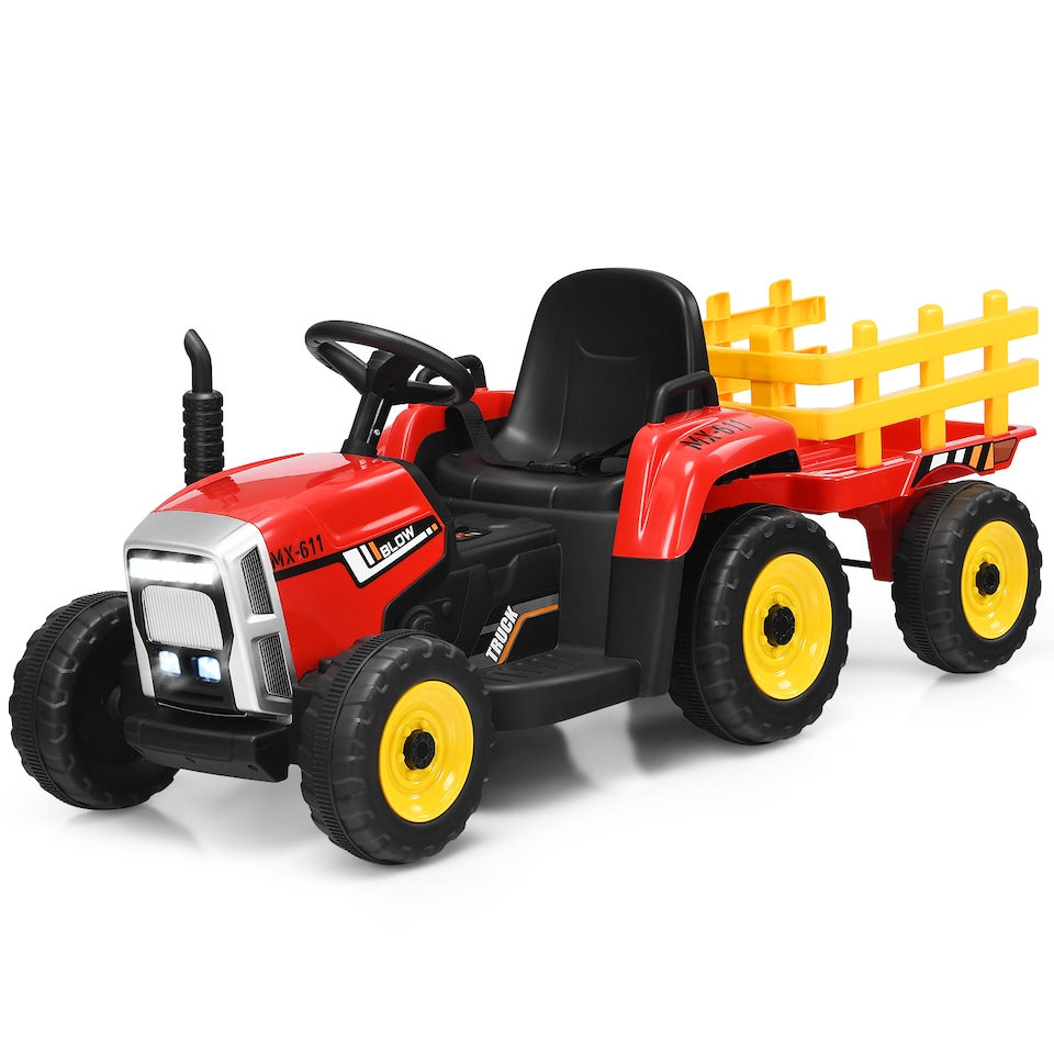 image 1 of COSTWAY 12V Kids Ride On Tractor with Trailer Music Red