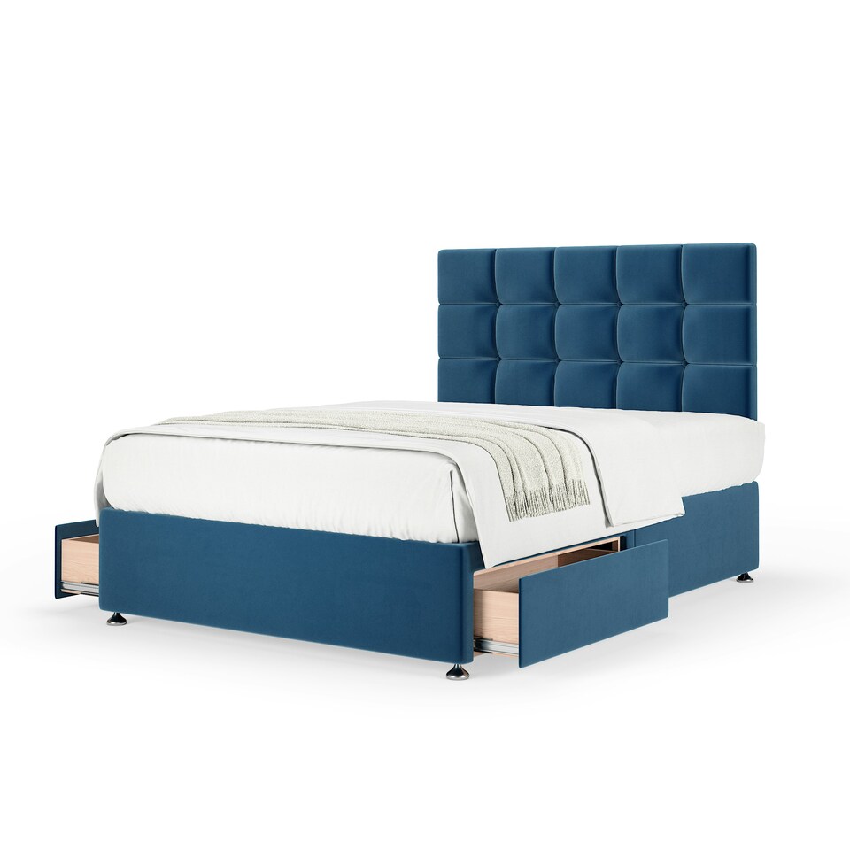 image 1 of Super Ortho Orthopaedic Blue Plush Velvet 2 Drawer Divan Set And Pearl Headboard Single