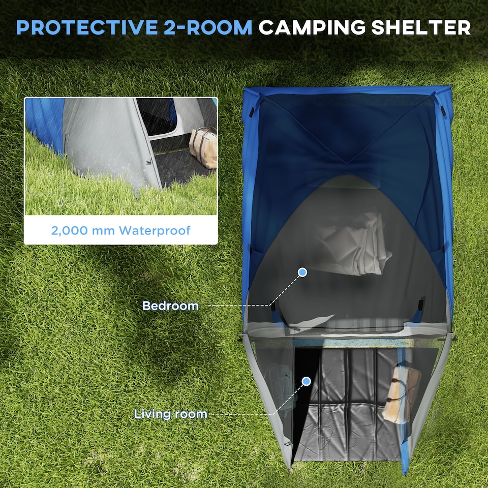 image 1 of Outsunny 2 Man Camping Tent with Living Area, 2000mm Waterproof, Blue