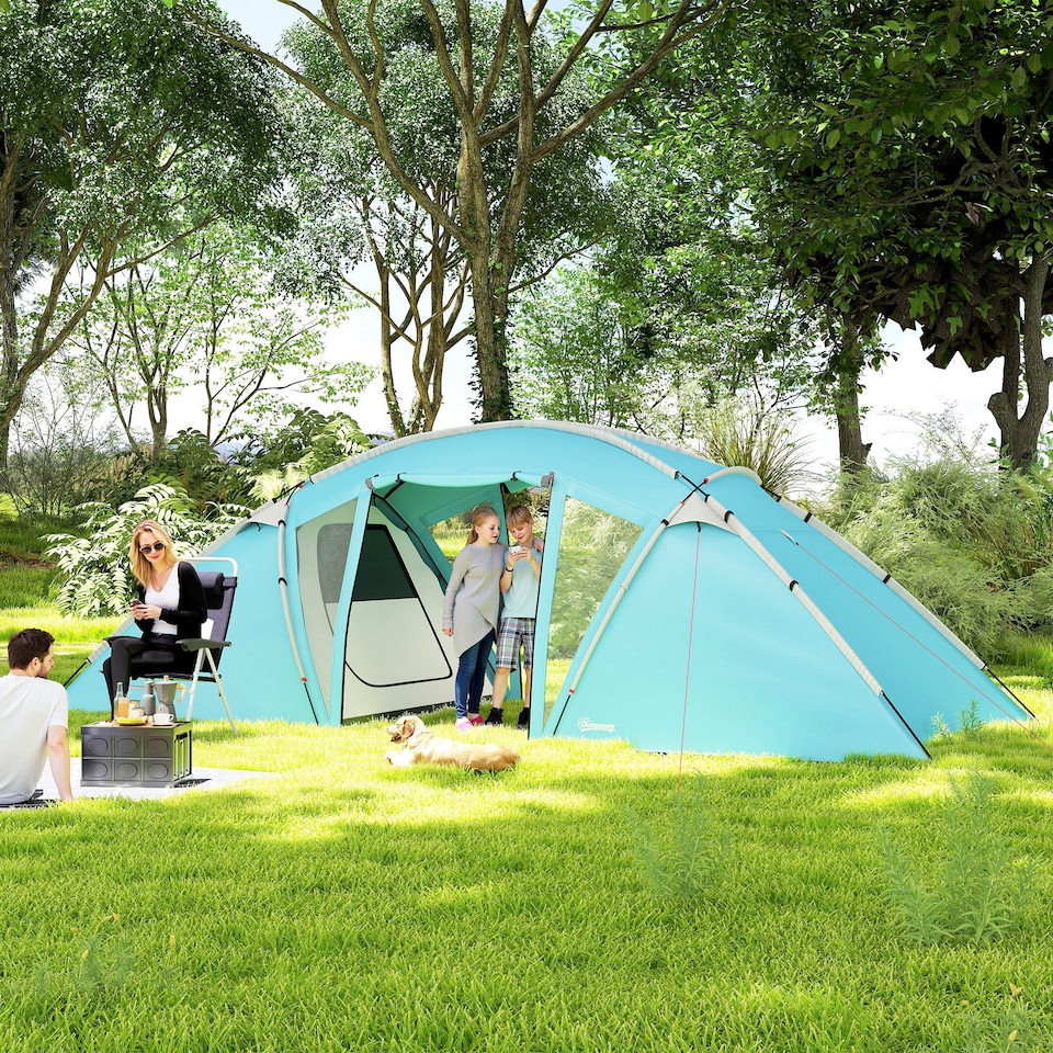 image 1 of Outsunny 4-6 Man Family Camping Tent with 2 Bedrooms, a Living Room | Blue | Blue