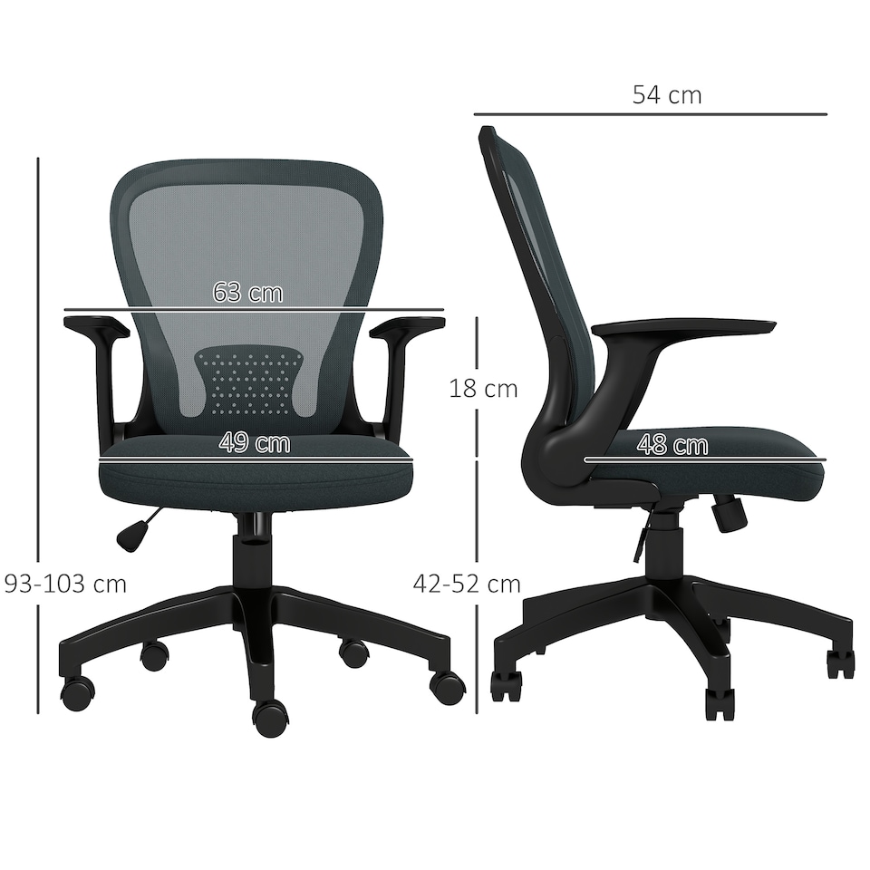image 1 of Vinsetto Mesh Office Chair, Ergonomic Computer Desk Chair with Flip-up Armrest, Lumbar Back Support, Adjustable Height, Swivel Wheels, Charcoal Grey