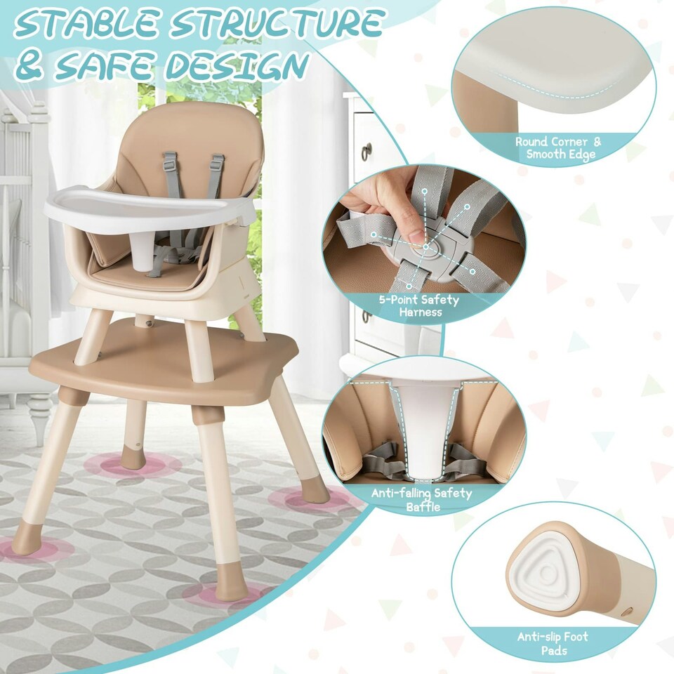 image 1 of COSTWAY 6-in-1 Baby High Chair Convertible Feeding Chair-khaki