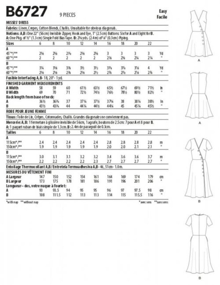 image 1 of Butterick 6727 Paper Sewing Pattern – Women’s Dress, Size A5 (6–8–10–12–14), Easy