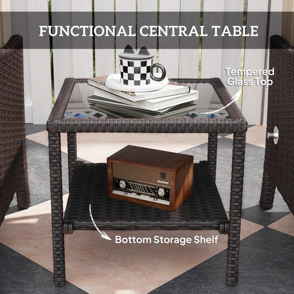 image 1 of Outsunny 5 Piece Rattan Garden Furniture Set, Wicker Patio Sofa Set with 2 Armchairs, 2 Footstools, Glass Top Coffee Table with Shelf, Outdoor Furniture with Adjustable Backrests, Cushions, Khaki | Brown | Khaki | One Size