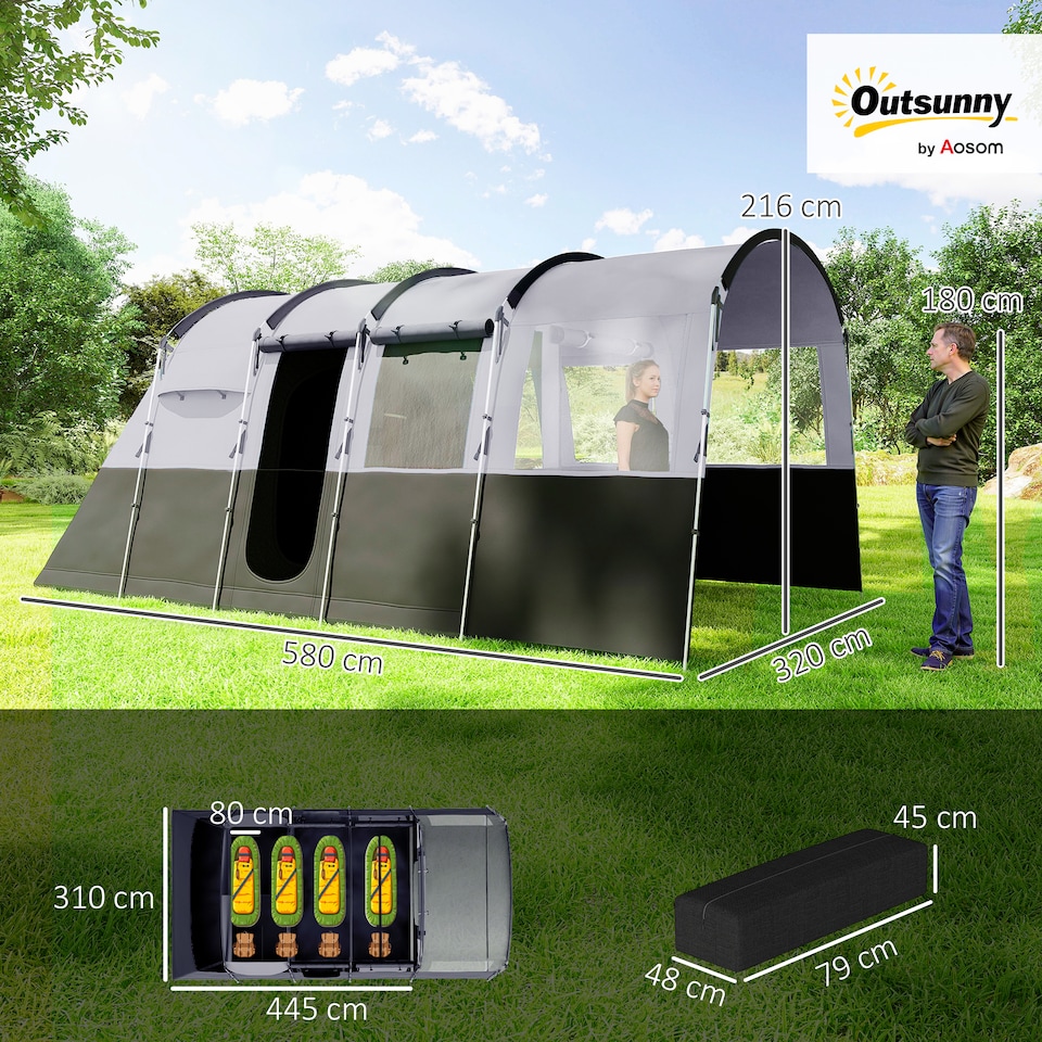 image 1 of Outsunny 8-Person Camping Tent Tunnel Design with 4 Large Windows Dark Grey