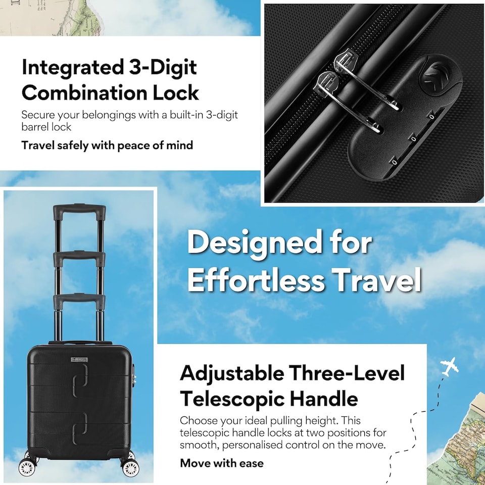 image 1 of Straame 45x35x20cm Black Cabin Suitcase, 360° Spinner Wheels