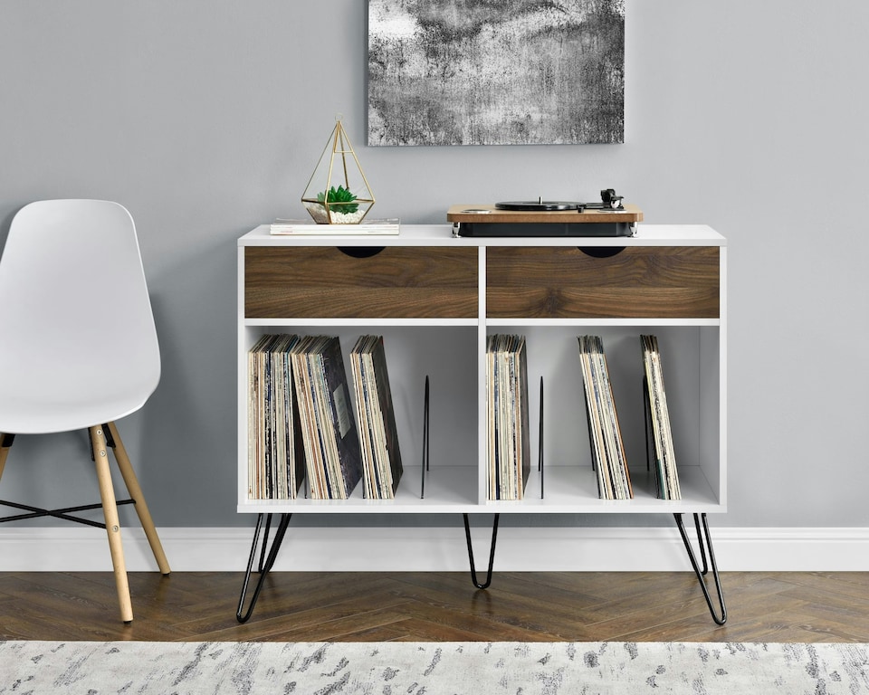 image 1 of Concord Turntable Stand with 2 Drawers White / Oak Look | White | White